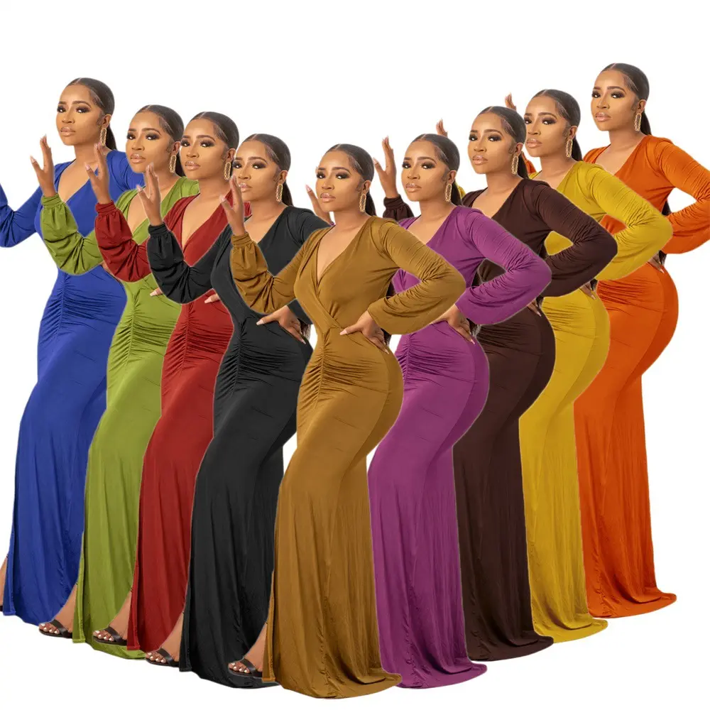 2022 new arrivals casual long-sleeved solid color women's dress long xxxl plus size women's dresses