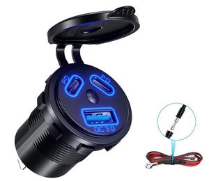 Cargador de <span class=keywords><strong>Coche</strong></span> <span class=keywords><strong>USB</strong></span> de 12V con Enchufe para Encendedor de Cigarrillos, Puerto <span class=keywords><strong>USB</strong></span> 3.0 y Puertos Duales Tipo C PD, Resistente al Agua - Product Image 1