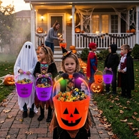 Seau citrouille LED d'Halloween en gros – Vert, violet, orange – Seau à bonbons Jack O'Lantern lumineux – Panier cadeau sécurisé – Décoration de fête