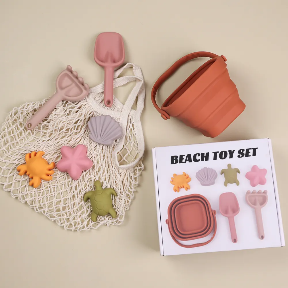 Balde de areia dobrável para crianças, brinquedo de praia de silicone ecológico para o verão 2024, conjunto de brinquedos infantis à beira-mar