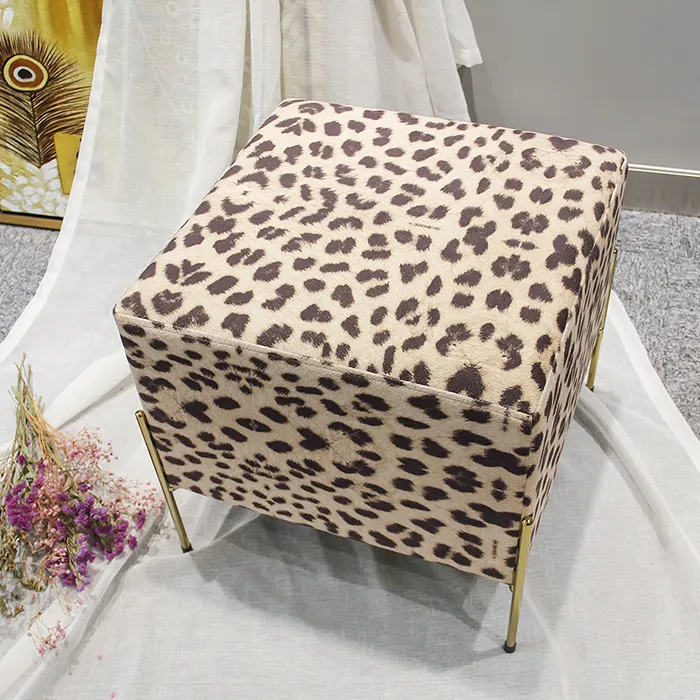 Hstex móveis de cadeira estampada, pernas de ouro, assento, leopardo, fogão ottoman