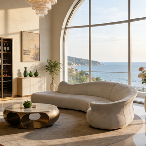 طقم أريكة فاخر وعصري منحني لغرفة المعيشة، تصميم إيطالي، أريكة من القماش الكريمي، أثاث راقي للفلل، تصميم بسيط وكبير الحجم - Product Image 6