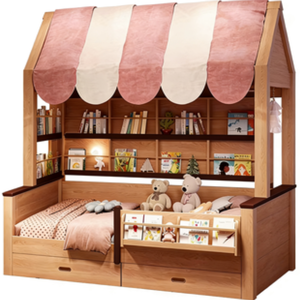 Chicheng C099-11 #   Lit cabane modulaire en bois massif de chêne écologique pour enfants avec étagère intégrée, cadre réglable, tailles 1,5 m/1,35 m - Product Image 1