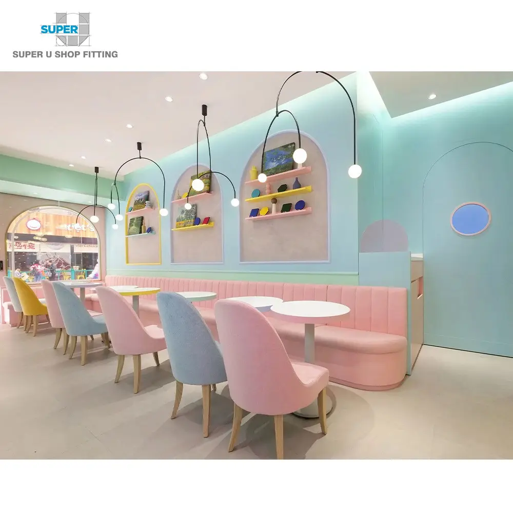 ร้านไอศกรีมสีชมพูหวานน่ารักตกแต่งร้านออกแบบตกแต่งภายในสำหรับการออกแบบร้านโยเกิร์ตแช่แข็งการออกแบบร้านชานมกาแฟ