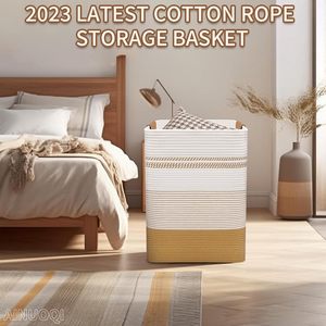 85 Litros Cesta Grande Lavanderia com Alça De Couro, <span class=keywords><strong>Cord</strong></span>ão De Algodão Decorativo Cesta Tecido para Armazenamento de Sala de Estar Cesta Roupas - Product Image 2