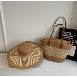 Hot Selling Fashion Woven Stroh Tasche Luxus Strohhut 2 Pcs Set Sunhat Damen Tote Handtasche Holiday Stripe Beach <span class=keywords><strong>Bag</strong></span> - Product Image 3