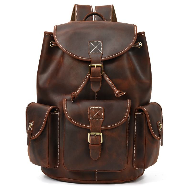 Vintage School Bag Large Capacity Genuine Leather Backpack for