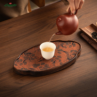 Neues Chinoiserie Elegantes Nachhaltiges Deluxe Serviertablett in Walnussholzfarbe, Isoliert und Lebensmittelsicher, mit Zen-Teetuch