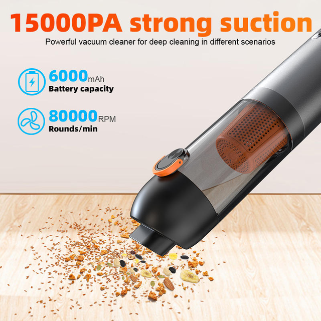 15,000 Pa Strong Suction Mini Vacuum Cleaner 120W Power Cordless Handheld Car Multiple Replaceable Nozzles Efficient Dust