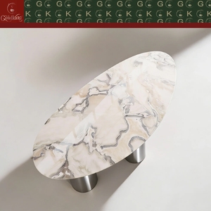 Table ovale en marbre blanc de Carrare GOLDKING pour salon et salle à manger, base blanche, veines grises, 3 pieds en acier inoxydable, sur mesure - Product Image 3