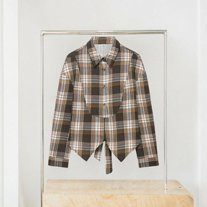 Chemise boutonnée en flanelle à carreaux pour femme, manches longues, col asymétrique rabattu, coupe décontractée, haut d'automne - Product Image 3