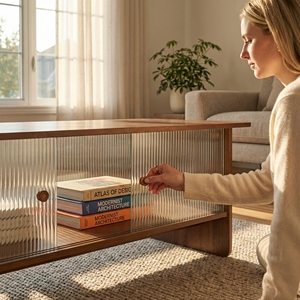 47-Inch Rectangular Modern Minimalist Wood <b>Coffee</b> <b>Table</b> with Storage Cabinet and Glass Sliding Doors for Living Room - Product Image 3