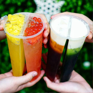 Cundao 700ml PP Double Enjoy Bubble Tea Lovers Share Injection Disposable Plastic Cup Split Cup Drinks - Product Image 3