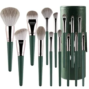 Hot Selling 14 Stks Groene Make-Up Borstel Met Tas Set Hoge Kwaliteit Professionele Foundation Beauty Make-Up Tool Fabriek Groothandel