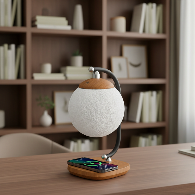 Moon Shape High Quality Multi Function LED Atmosphere Desk Lamp with Clock  Wireless Charger for Smart Phones