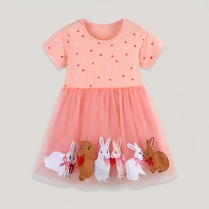 Vestido Formal <span class=keywords><strong>de</strong></span> Verano Ultra Cómodo para Niñas Pequeñas, <span class=keywords><strong>de</strong></span> Algodón, Manga Corta, Estampado <span class=keywords><strong>de</strong></span> Corazones, Aplique <span class=keywords><strong>de</strong></span> Conejito, Tul, para Uso Diario - Product Image 3