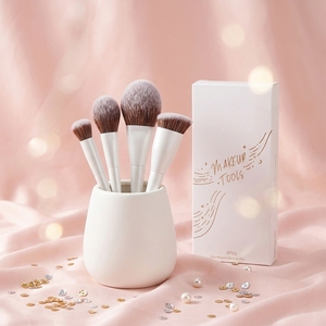Pinceaux de maquillage portables en fibres synthétiques beige, pinceau plat, logo personnalisé, haute qualité, paillettes, fond de teint, fard à paupières - Product Image 3