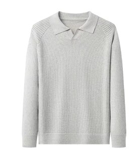 Camisa de punto de manga larga 100% algodón para hombre, cuello vuelto, detalle de cuentas, top versátil para primavera y otoño - Product Image 1