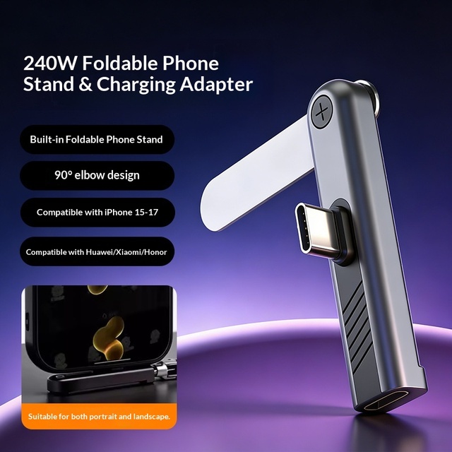 240W Fast Charging Aluminium Alloy Mobile Phone Stand with Type-C Data Transfer Adapter for iPhone 12 Converter