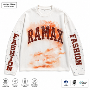 Custom Waffle <b>Knit</b> Vintage <b>Tie</b> Dye Letter Print Rivet Decor Boxy Cropped Long Sleeve T Shirt Men Streetwear Top OEM ODM MOQ50 - Product Image 1