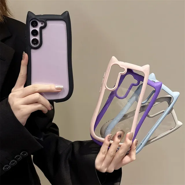 Korean Cute Funny Candy Color 3D Cat Ears Transparent Case for Samsung Galaxy S23 S24 Plus S23 S24 Kawaii Shockproof Back Cover