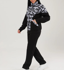 Hot bán của phụ nữ đen trắng trừu tượng in chắp vá hai mảnh thiết lập Zip Up Áo khoác & giản dị Quần thời trang dạo phố trang phục - Product Image 2