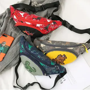 Toptan bel çantası baskılı kanvas-Hız çantası fabrika özel tuval baskı karikatür dinozor desen sevimli bel çantası çocuklar için Fanny paketi