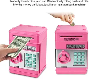 Высококачественная пластиковая розовая копилка с паролем для экономии бумажных денег и монет, миниатюрная электрическая Копилка-банкомат для детей