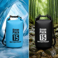 Sac étanche personnalisé avec logo 15L en bleu et noir, sac étanche pour la randonnée, la pêche en rivière et le camping