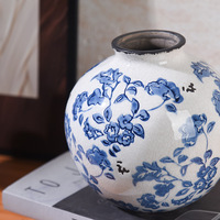 Vase en céramique de style chinois moderne, bleu et blanc, avec des fleurs en porcelaine craquelée, des fleurs séchées, hydroponie, sens avancé, ornements