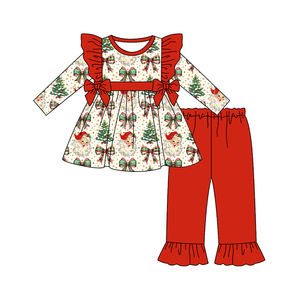 Preorder Cute Santa Trees Pattern Print Long Sleeve Fall <strong>Outfit</strong> Casual Western Style <strong>Children's</strong> Boutique Wholesale <strong>Christmas</strong> Set - Product Image 2