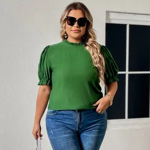 New Arrivals Solid Oversized Clothing For Ladies Round Neck Top With Puff Sleeve Nylon & Viscose Loose Plus Size Women's Blouses