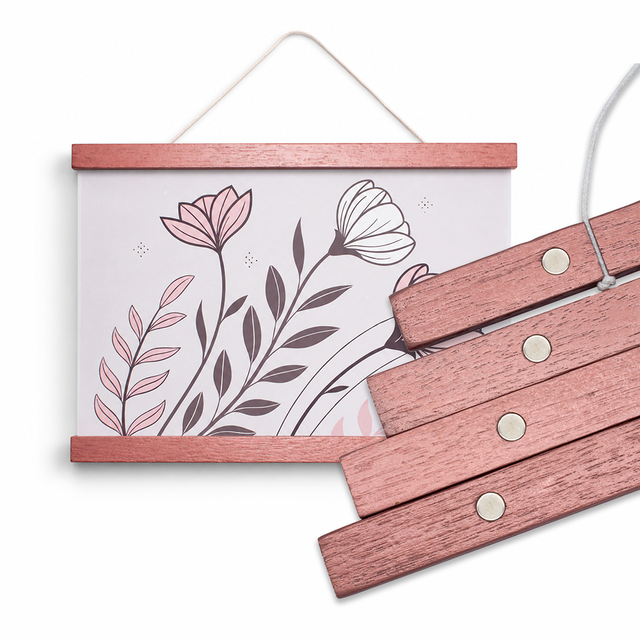 Rose Gold Finished Hardwood Magnetic Poster Hanger, Wooden Wall Art Hanging Frame for Galleries, Cafes & Home Wall Decor