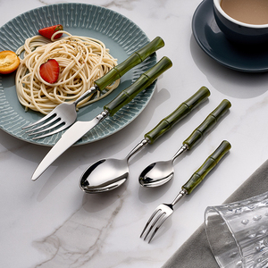 Hiện đại sang trọng 18/10 thép không gỉ <span class=keywords><strong>Flatware</strong></span> Set màu xanh lá cây Acrylic xử lý với tre hình dạng cho đám cưới bên nhà hàng - Product Image 3