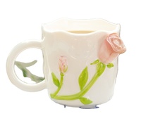 Mug Kopi Keramik dengan Gagang Bunga Mawar 3D, Desain Floral Timbul, Cangkir untuk Peralatan Makan Rumah, Penggunaan Sehari-hari, Hadiah