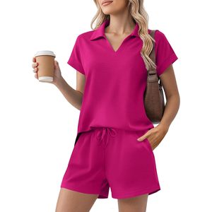 Women's 2 Piece Summer Lounge Set Short Sleeve V-neck <b>Top</b> Drawstring Shorts Casual Outfit Breathable Knitted Fabric - Product Image 1