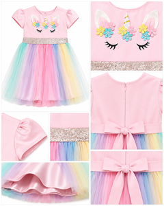 Adorable Vestido de Unicornio para Niñas con Apliques Florales 3D Coloridos, Cinturón Brillante y Falda de Tul Pastel Arcoíris - Product Image 3