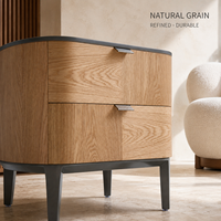 Mesita de Noche Moderna de Madera con Dos Cajones, Superficie y Patas Negras, Mesita de Noche de Lujo para Proyectos de Hoteles y Villas