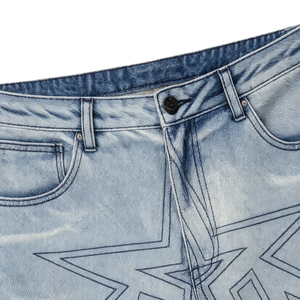 Jean baggy taille mi-haute en denim avec motifs étoiles, bleu clair délavé, coupe large, pour un style streetwear hip-hop - Product Image 5