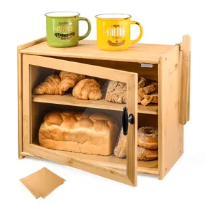 Tempat roti bambu alami, kotak roti lapisan ganda dengan klip papan potong dan pintu