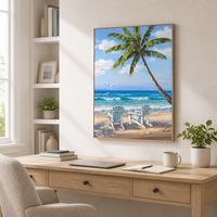 Peinture à l'huile sur toile de coucher de soleil sur la plage tropicale avec palmiers, art mural décoratif moderne de grande taille, fait main, original, pour la maison