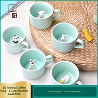 Mug à café ou à thé en céramique, peint à la main, motif animal 3D mignon, écologique, couleur céladon, idéal pour cadeau, vente en gros