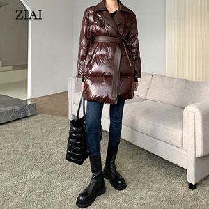 Nouveau style de veste en duvet pour femmes en duvet de canard blanc d'hiver <span class=keywords><strong>mi</strong></span>-long avec col de tailleur et veste en cuir Vente en gros - Product Image 5