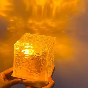 Restaurant Bedroom Decorative Lighting Water Print Flame Cube Night Light Wood Base Atmosphere Lamp Table Lamp