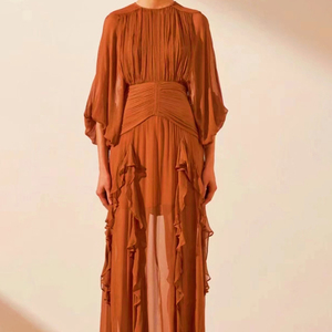 Alta qualità stile spiaggia bassa quantità elegante gonna arruffata 2023 autunno nuova moda girocollo <span class=keywords><strong>abito</strong></span> a pieghe a maniche lunghe - Product Image 1