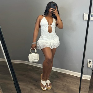 Verano Sexy Stretch Lace Deep V Slim Halter Backless Mini vestido en capas - Product Image 4