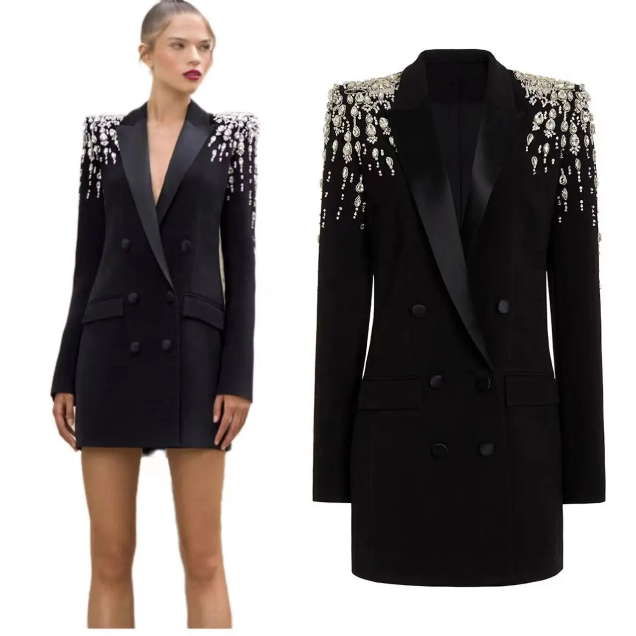 Gaun blazer wol berlian imitasi kualitas tinggi gaun jaket manik-manik mewah pesta malam formal