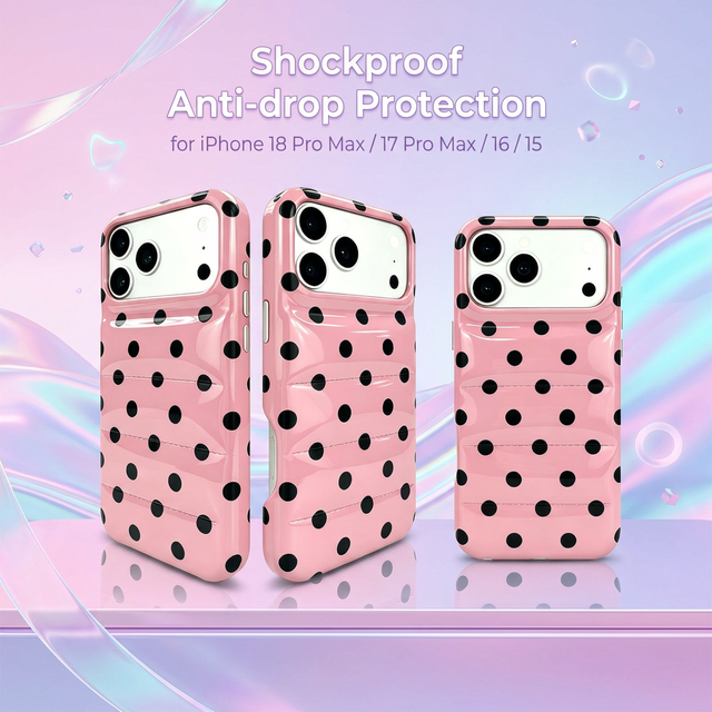 Factory Direct Polka Dot Puffer Case for iPhone 16 17 18 Pro Max Durable Leather Shockproof Back Cover with Raised Camera Guard