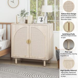 Buffet de rangement en rotin, armoire d'appoint à 2 portes en cannage, credenza en bois style <span class=keywords><strong>bohème</strong></span>, idéal pour le salon et la cuisine - Product Image 6