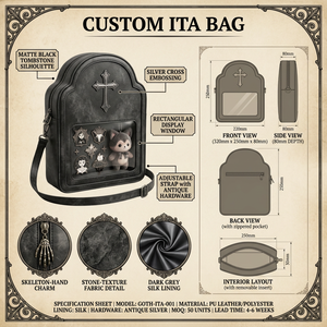 Bolso Ita Gótico Personalizado con Grabado de Cruz Plateada, Amuleto de Mano de Esqueleto, Textura de Piedra y Forro de Seda, Estuche Expositor para Pins - Product Image 1